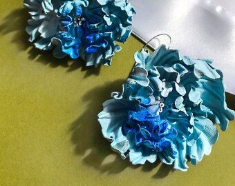 Leather peonies earrings, floral earrings in style of hairclip, made by Oksana