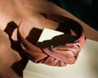 Knot leather headband, Brown Genuine leather, different colors, made by Oksana