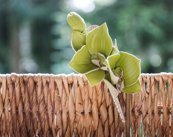 Green leather orchid, Floral barrette, hair accessories made by Oksana
