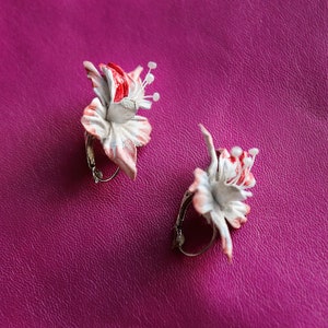 Leather orchid earrings, floral earrings in style of hairclip, made by Oksana