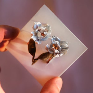 Leather magnolias earrings, floral earrings in style of hairclip, made by Oksana image 10