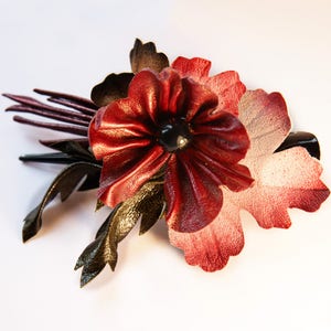 Leather hairclip, Red flower barrette, Leather Hair clamp, womens gift, made by Oxana