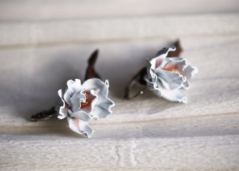 Leather magnolias earrings, floral earrings in style of hairclip, made by Oksana image 9