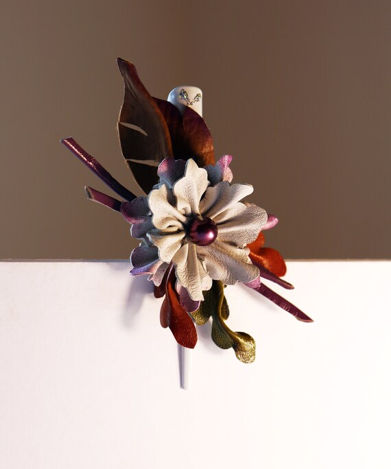 Lether Flowers Hairclip, White flower with purple leaves, Flowers barrette, leather hair accessory, small gift leather made by Oxana