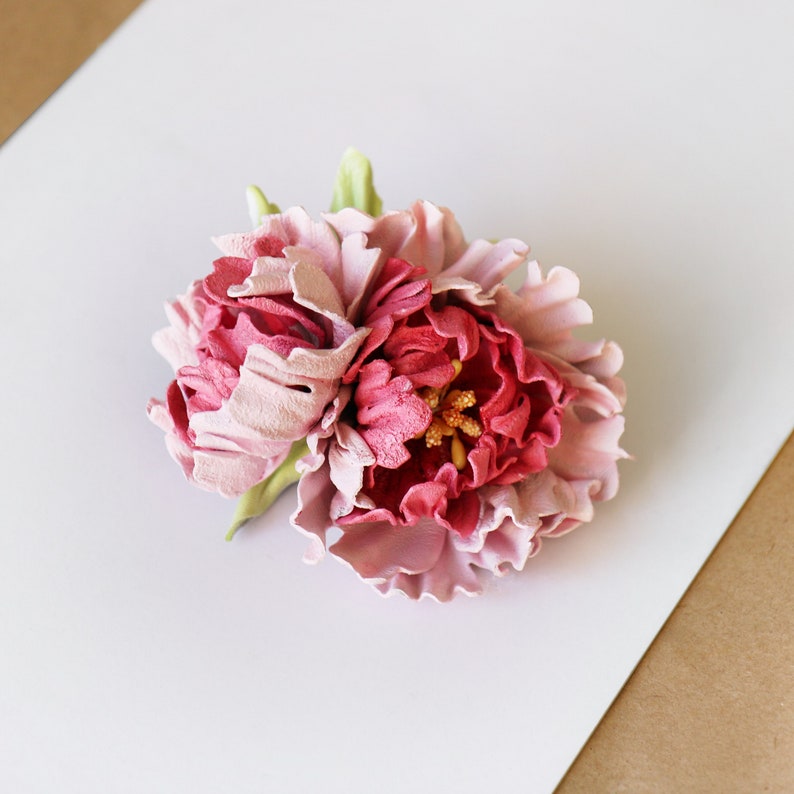 Pink peonies hairclip, Leather wedding barrette, made by Oksana image 1