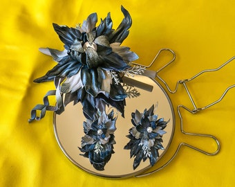 Leather floral earrings, old blue and silver, unique earrings in the style of hairclip, made by Oksana