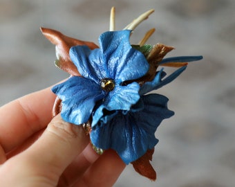 Leather Blue flowers, hair barrette made by Oksana