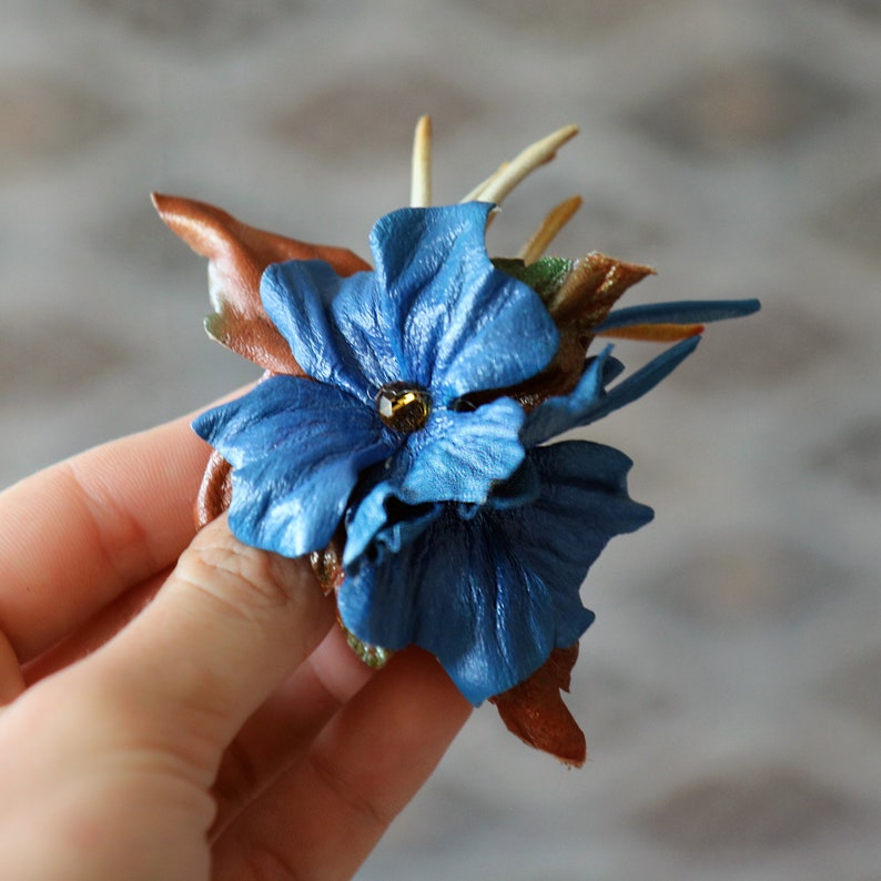 Leather Blue flowers, hair barrette made by Oksana image 1