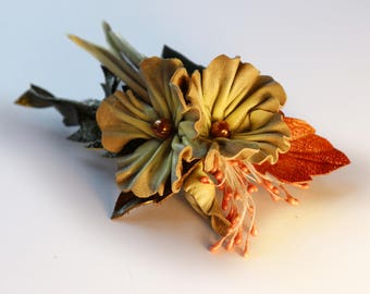 Leather Hairclip, Yellow hair clamp, Flowers barrette, Leather accessory, Genuine Leather Flowers, Small gift. Made by Oxana