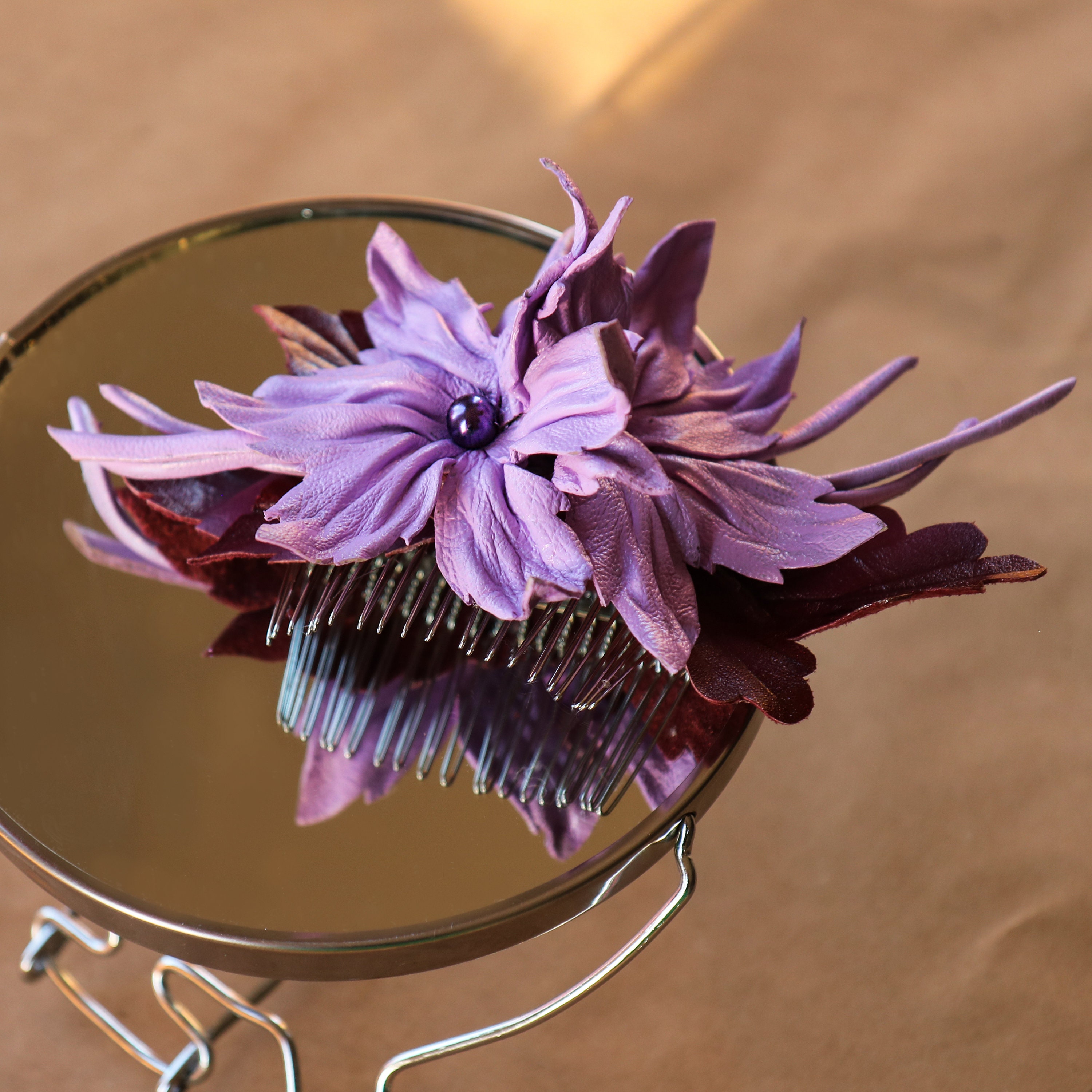 Purple Leather Flowers, Hair Barrette Made by Oksana - Etsy display picture 1