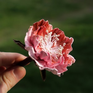 Leather peony, Pink flower on wooden stick, accessories made by Oksana