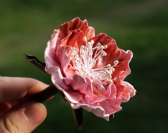 Leather peony, Pink flower on wooden stick, accessories made by Oksana