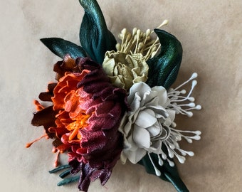 Wedding brooche made of leather, Smooth leather flowers made by Oksana