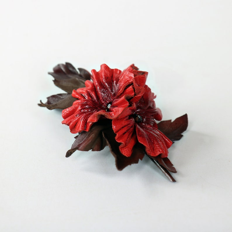 Red leather flowers barrette, Hair clips made by Oxana image 5