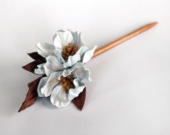 Leather Magnolia hair pin, Leather flower on wooden stick, accessories made by Oksana