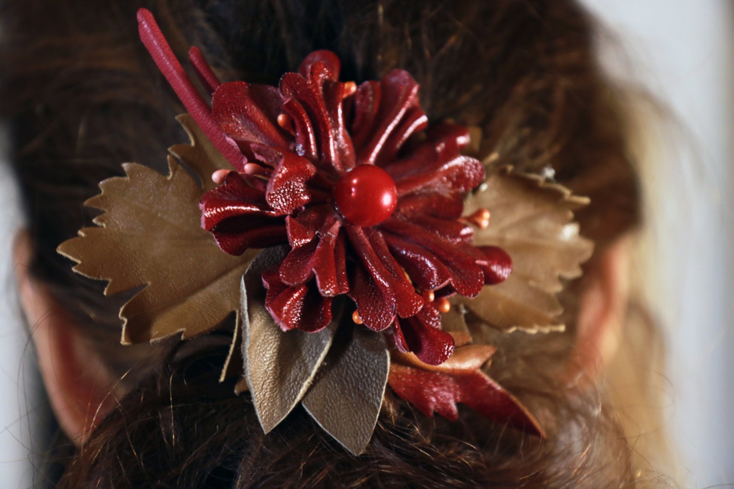 Red Flower Hair Clip, Hair Barrette, Natural Leather Flowers  display picture 3