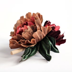 Leather Peony Barrette With Wooden Stick, Leather Flower Hair Ctick ...