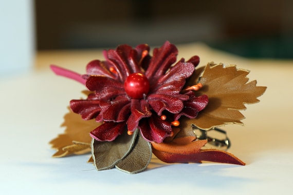 Handmade Leather Red Floral Hair Barrette | Colombian Artisan Flower Clip Red Leather Flowers Barrette, Hair Clips Made by Oxana - Etsy main image 2