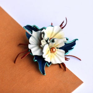 White flowers brooche made of leather, Smooth leather flowers made by Oksana, Small gift for her.