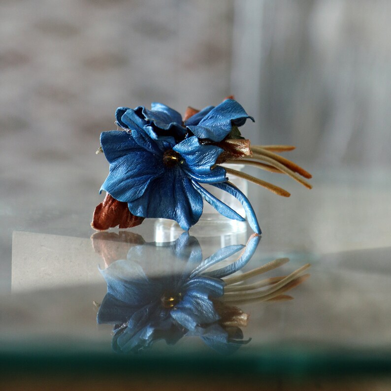 Leather Blue flowers, hair barrette made by Oksana image 4