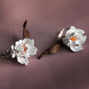 Leather magnolias earrings, floral earrings in style of hairclip, made by Oksana image 8