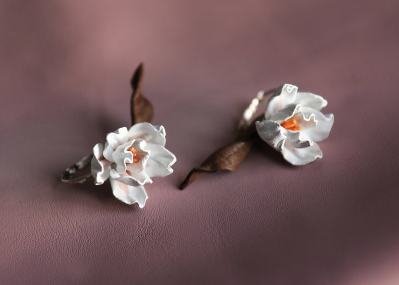 Leather magnolias earrings, floral earrings in style of hairclip, made by Oksana image 8