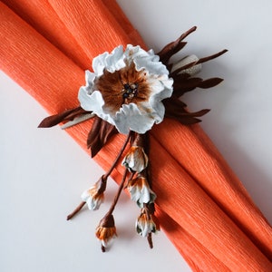 Leather floral tail, white and brown leather flowers, hair accessories made by Oksana