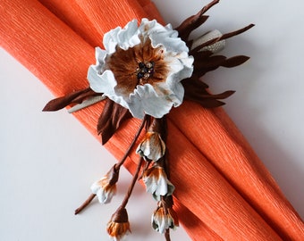 Leather floral tail, white and brown leather flowers, hair accessories made by Oksana