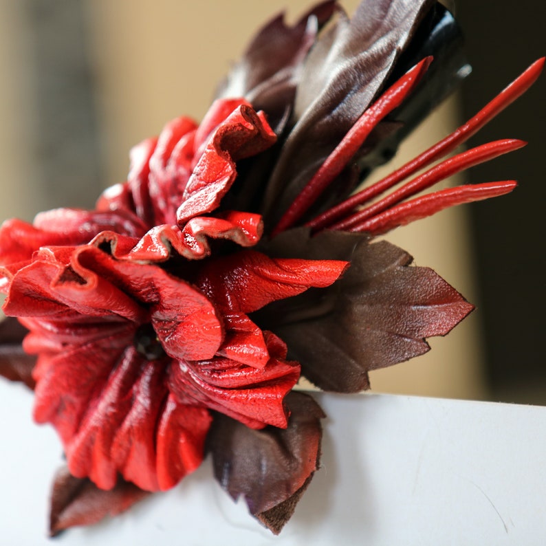 Red leather flowers barrette, Hair clips made by Oxana image 4