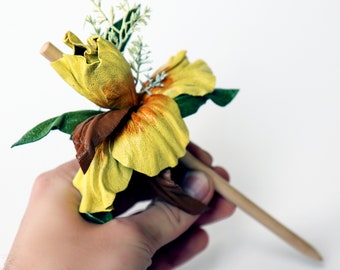 Yellow leather flower on wooden stick, Hair pin with flowers, small gift made by Oksana