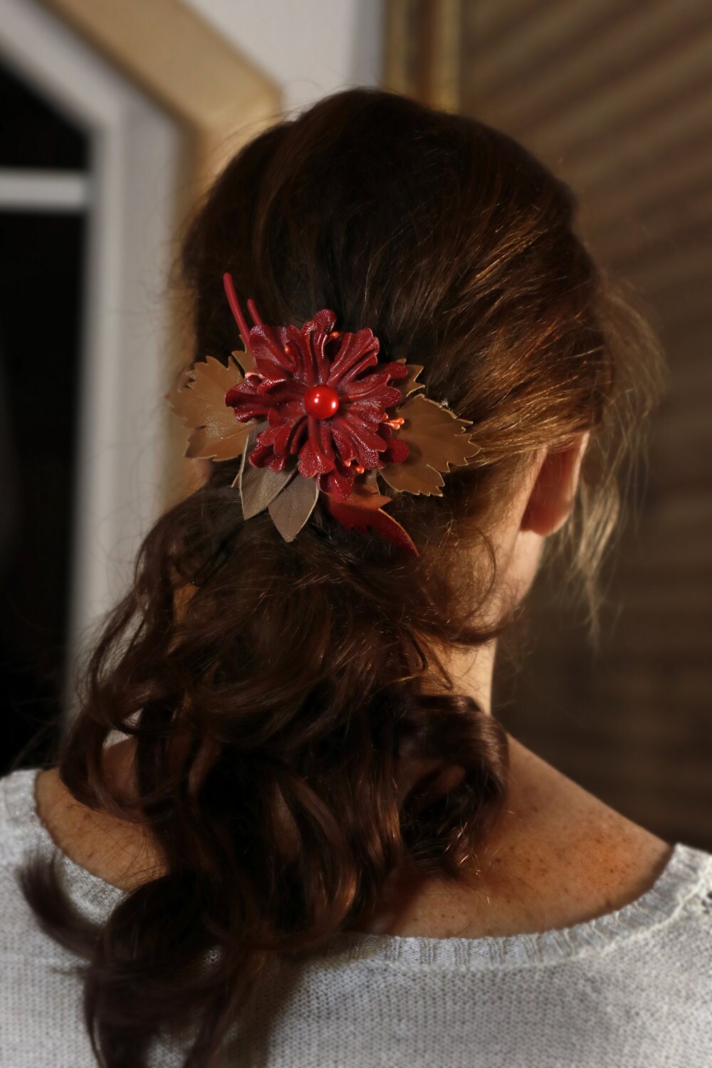 Handmade Leather Red Floral Hair Barrette | Colombian Artisan Flower Clip Red Leather Flowers Barrette, Hair Clips Made by Oxana - Etsy main image 3