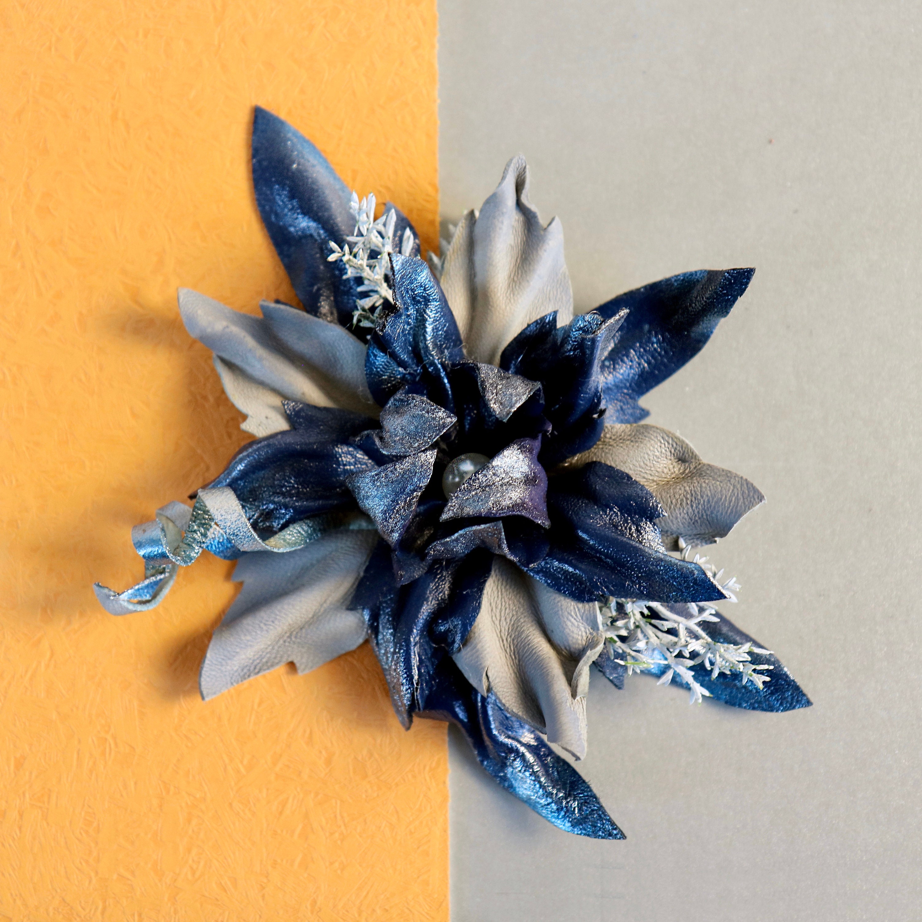 Leather flower barrette, winter colored brooch, accessories made by Oksana