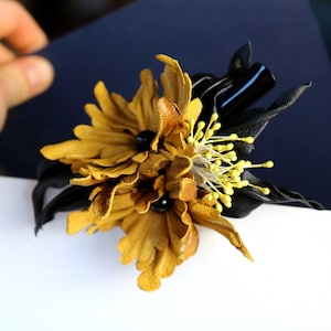 Leather hairclip, yellow and black flower barrette, hair accessories made by Oksana