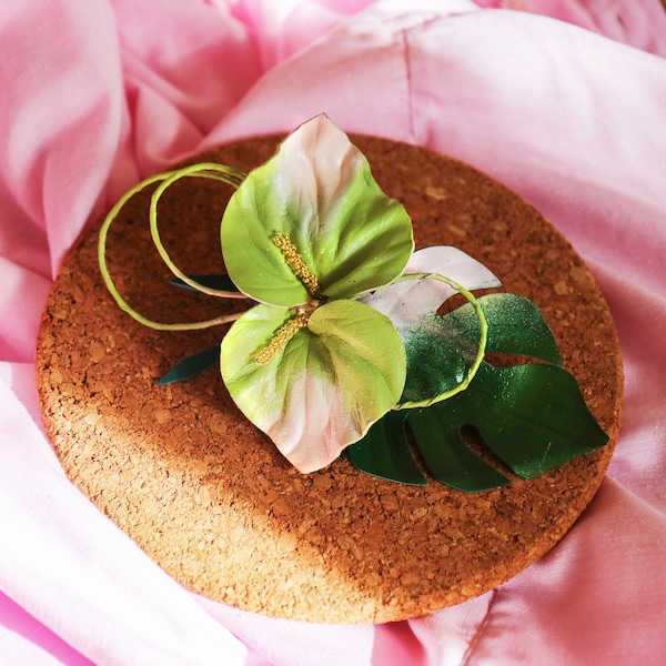 Barrettes vertes à fleurs d'anthurium, barrette florale, accessoires pour cheveux fabriqués par Oksana