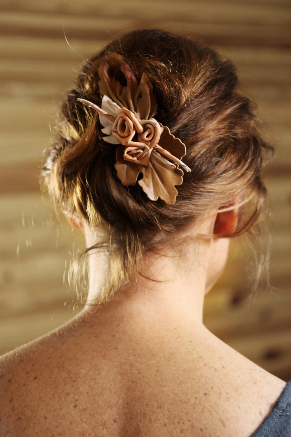 Beige Flowers Hair Clip, Genuine Leather, Hair Barrette 