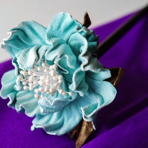 Leather peony, Leather turquoise flower on wooden stick, accessories made by Oksana