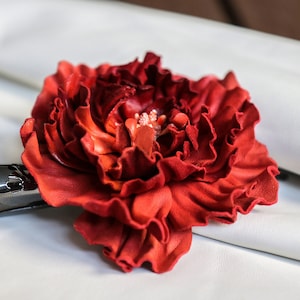 Red peony hairclip, Leather deep red barrette,  made by Oksana