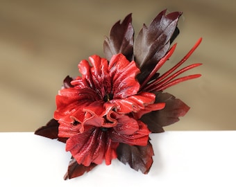 Red leather flowers barrette, Hair clips made by Oxana