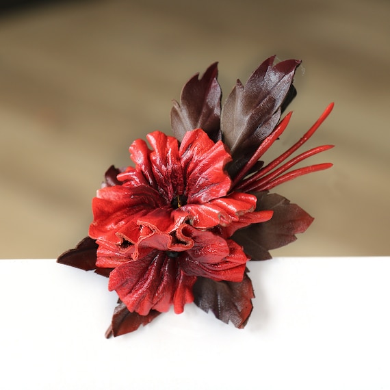 Red Leather Flowers Barrette, Hair Clips Made by Oxana - Etsy