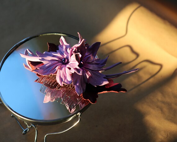 Purple Leather Flowers, Hair Barrette Made by Oksana - Etsy display picture 3