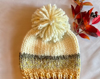 Chunky wool knit hat, Chunky knit beanie, Winter knit hat, Gifts for her, Warm knitted hat/beanie. Giant fluffy Pom Pom hat