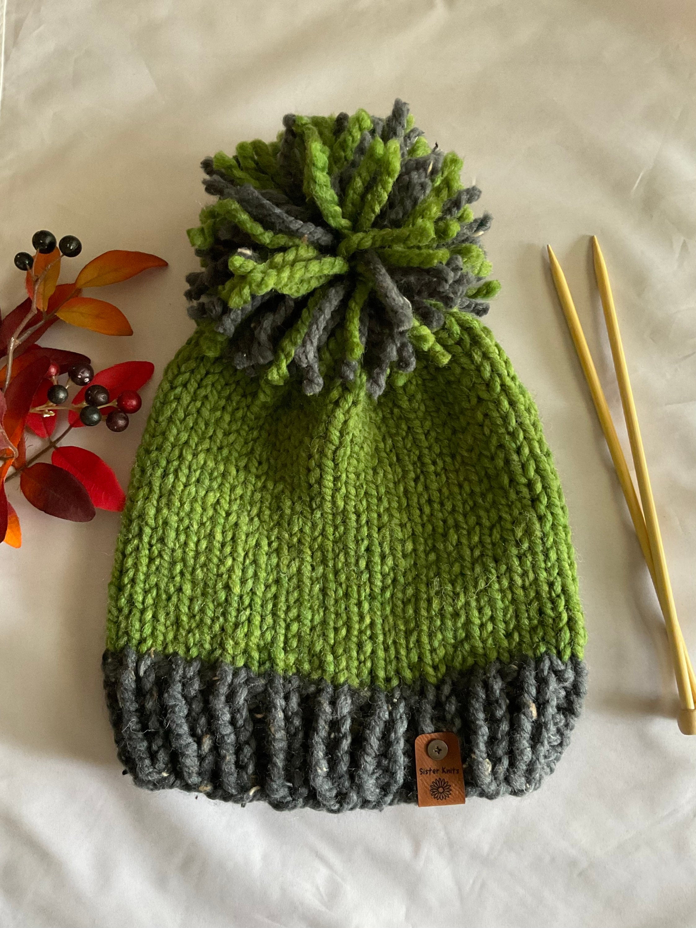 Chunky wool knit hat, Chunky knit beanie, Winter knit hat, Gifts for her, Warm knitted hat/beanie. Giant fluffy Pom Pom hat