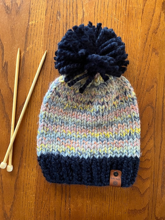 Handmade Chunky Knit Pom Pom Hat: Wool Blend, Navy & Pastel  display picture 3