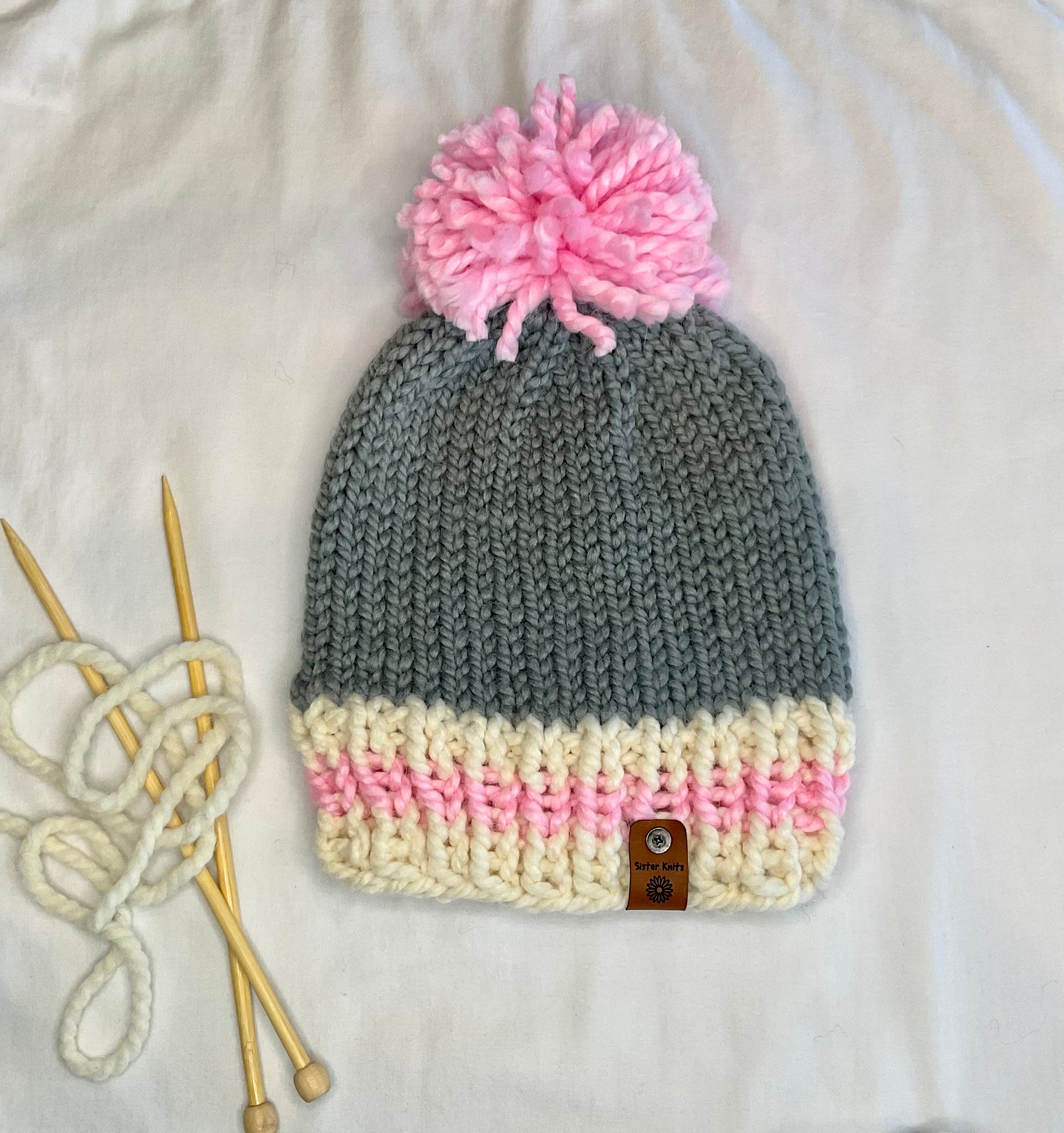 Chunky Knit Wool Beanie: Gray, Pink & White Pom Pom Winter  display picture 1