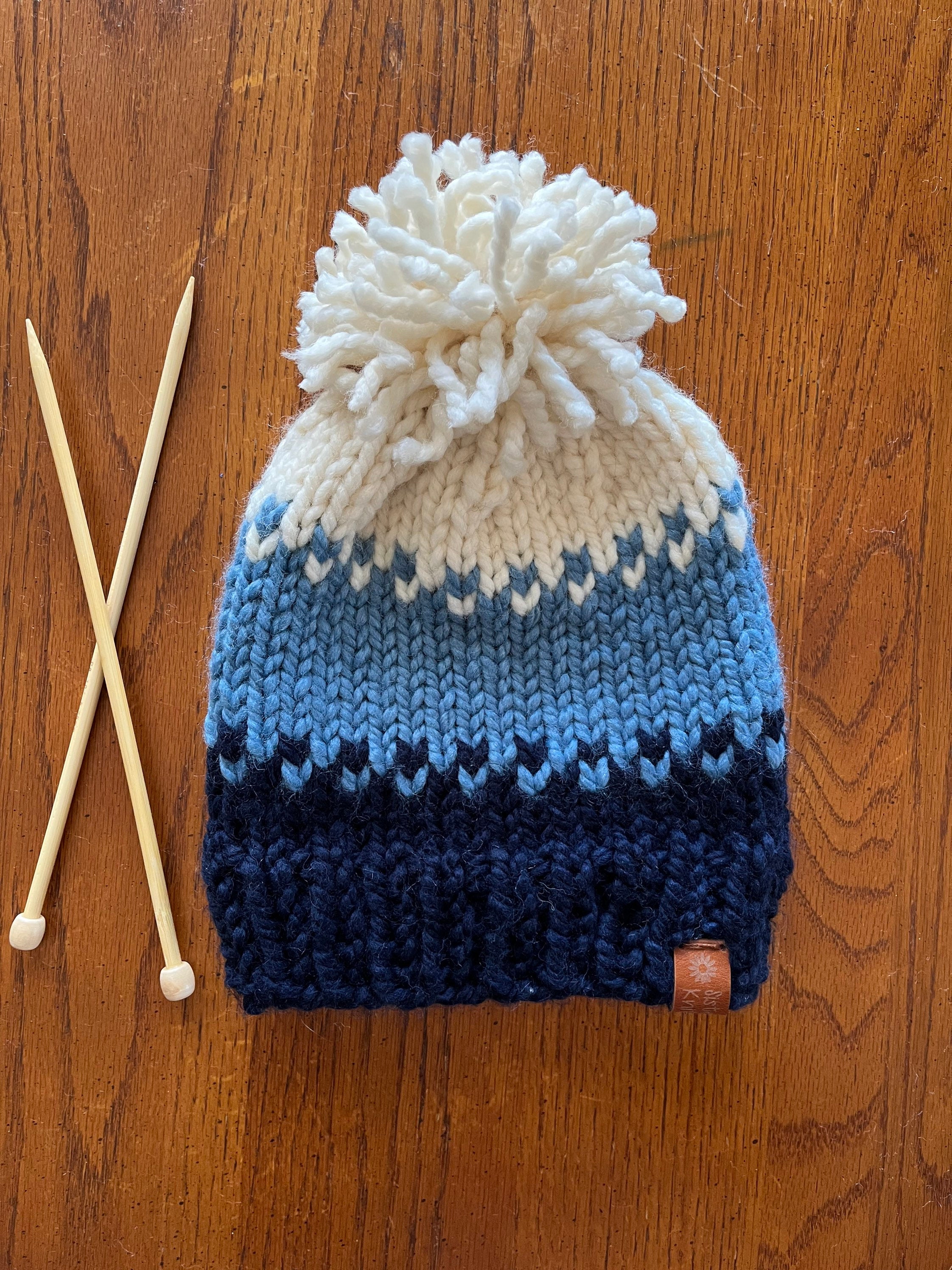Handmade Fair Isle Knit Winter Hat: Chunky Wool Blend Pom 