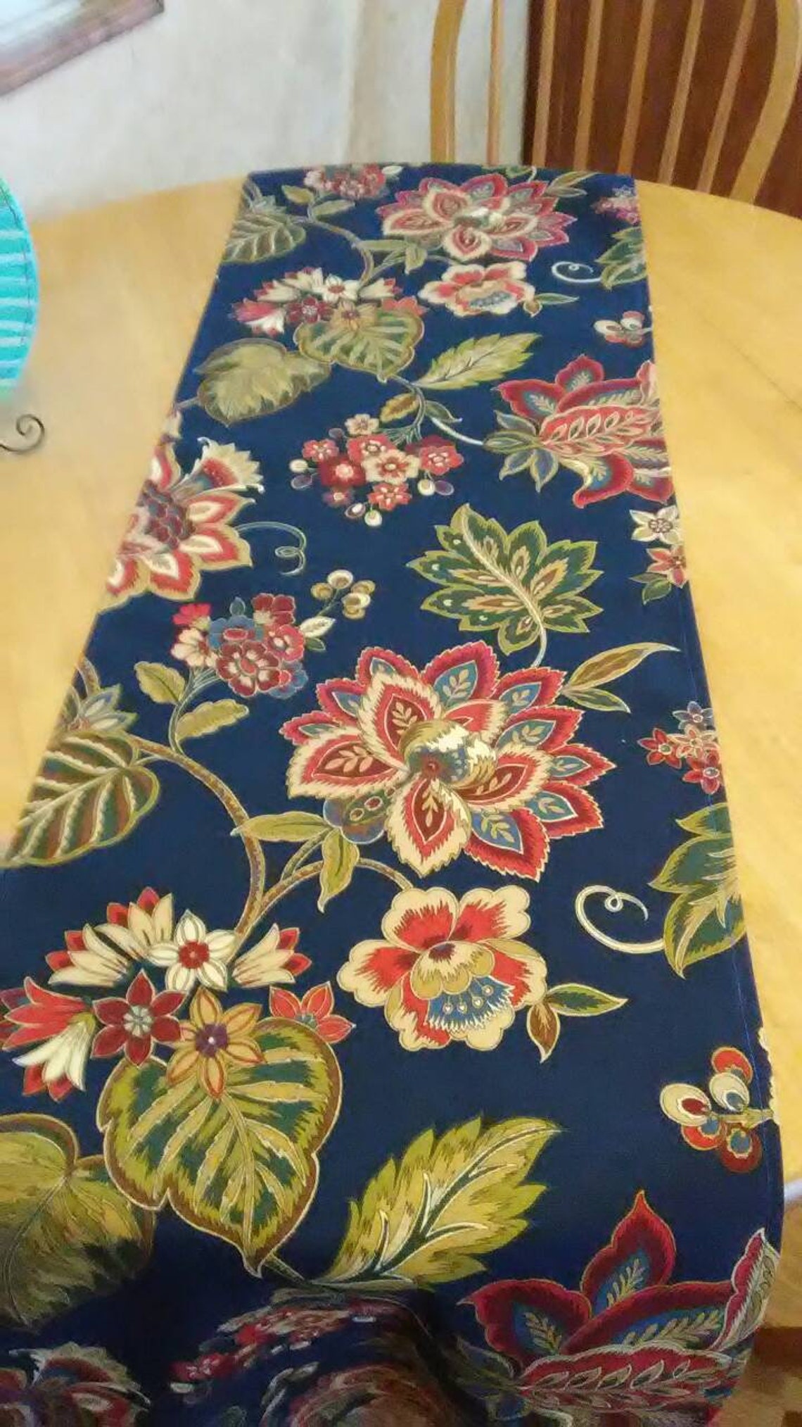 Table runner in Classic Jacobean print with navy background. Etsy