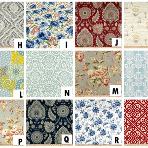 May include: A collection of 10 fabric swatches featuring various patterns and colors, including floral, geometric, and paisley designs. The swatches are labeled with letters from H to S.