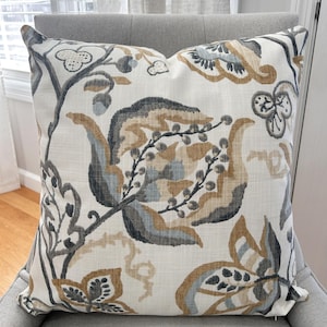 Sandstone Blue Jacobean Floral pillow cover Neutral Shade charcoal Camel Beige Slub Canvas 18x18 20x20 22x22 Both sides Invisible Zipper