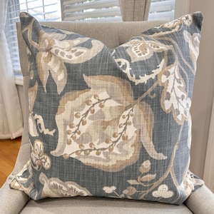Jacobean Floral pillow cover Neutral Slate washed blue-gray Taupe Creamy Charcoal  Slub Canvas 18x18 20x20 22x22 Both sides Invisible Zipper