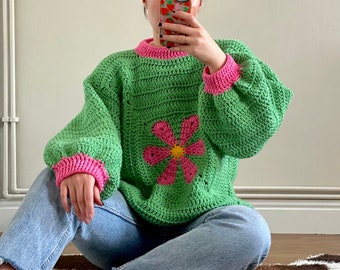 PDF crochet pattern- Retro flower chunky jumper by Realm designs